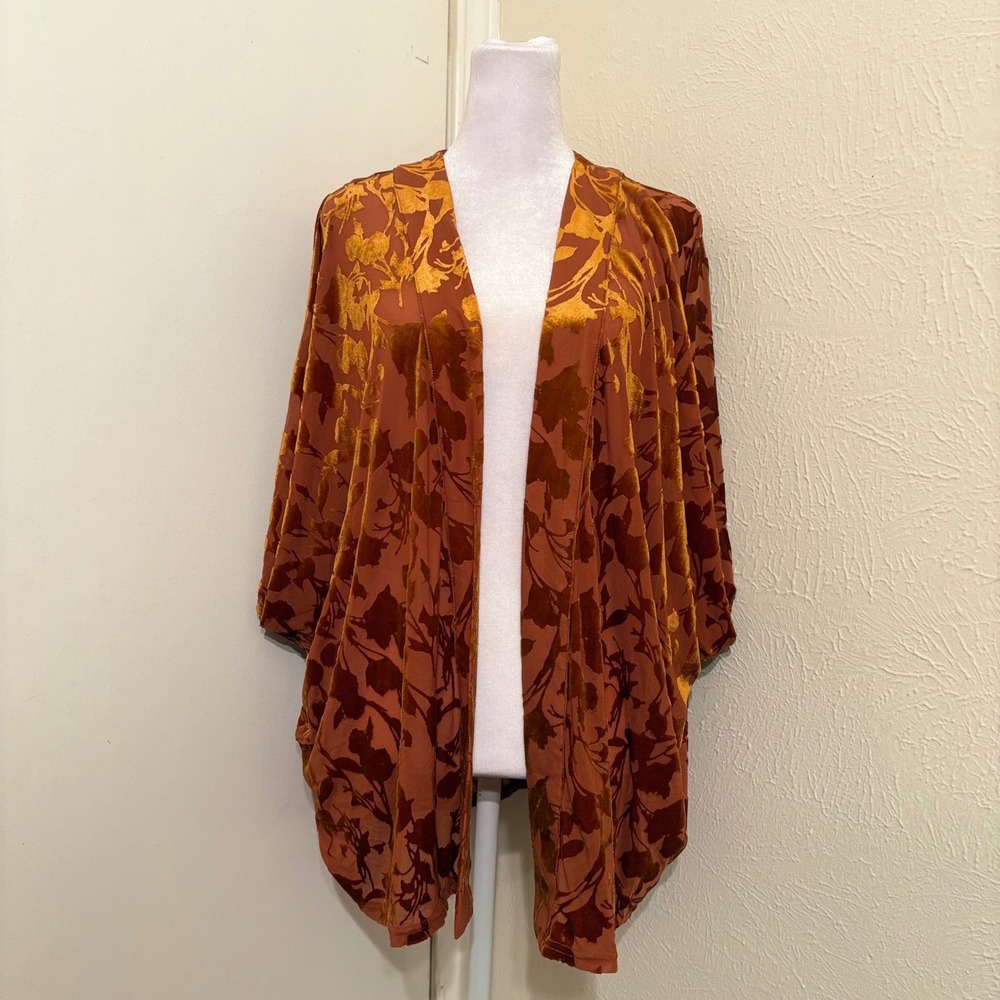 Burnt Orange Floral Velvet Burnout Kimono Wrap Cardigan Whimsigoth Boho Fairy OS